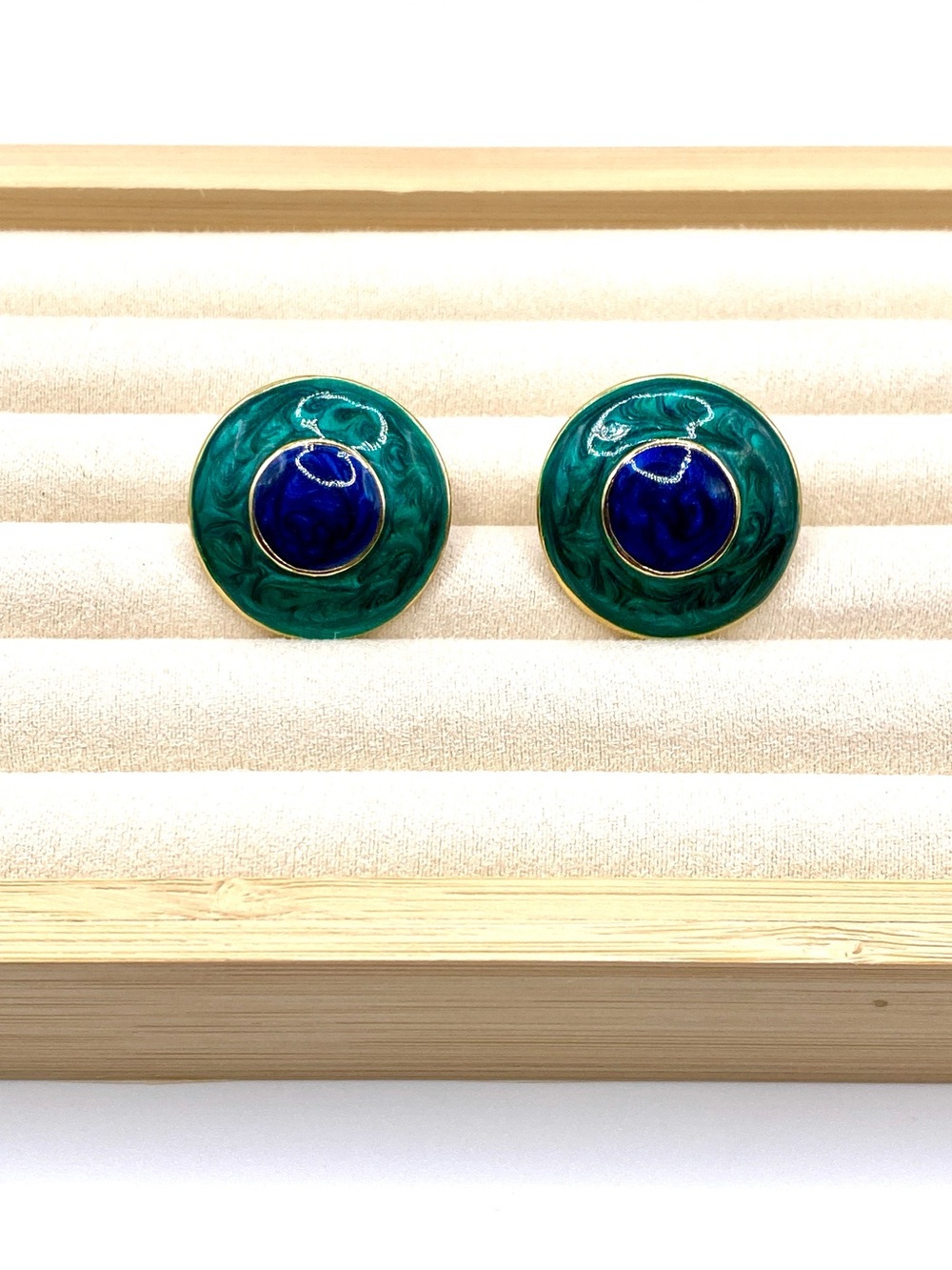 Vintage Green and Blue Enamel Disc Earrings